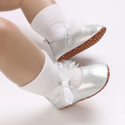 Silver Princess Shoes 0-18M Newborn Casual Shoes Baby Bow Non slip Cloth Bottom Flat Bottom PU Newborn Bow Decoration Mary Janes