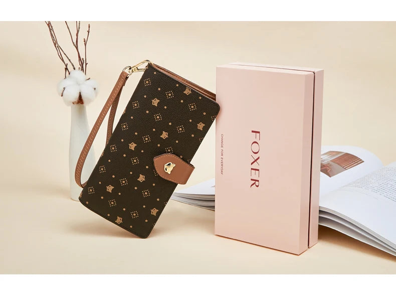 FOXER Women's Long Wallet Card Holder Stylish Money Bag Ladies Monogram Design PVC Leather With Wriststrap Bag Female Coin Purse