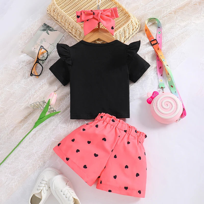 Baby Girl Cat Print Ruffle Trim Tee & Heart Print Bow Front Shorts