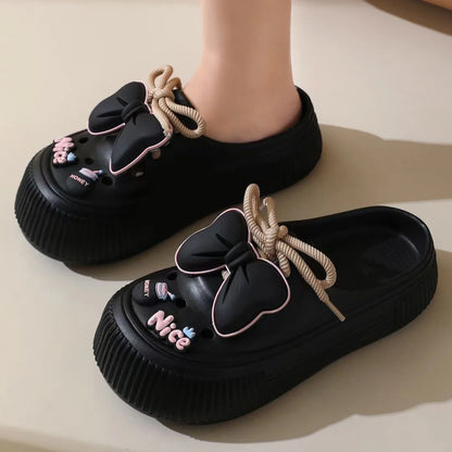 Summer Women's Hole Shoes Cute Bow Thick Sole Anti Slip Resistant Women's Baotou Slippers for Home Outdoor Garden Shoes