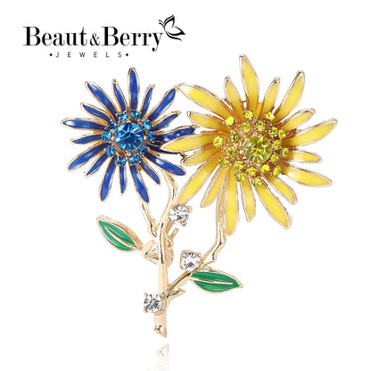 Shiny Double Head Sunflower Brooches for Women Unisex Ukrainian Plant Pins 2-color Available Casual Party Accessories Gifts