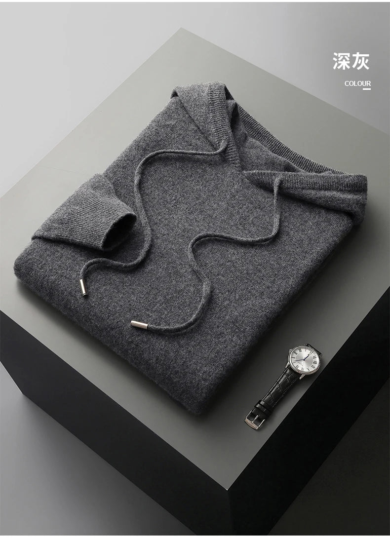 MVLYFLRT Autumn Winter New Merino Sweater Men's 100% Wool Hooded Collar Knitted Pullover Casual long Sleeved Hoodie