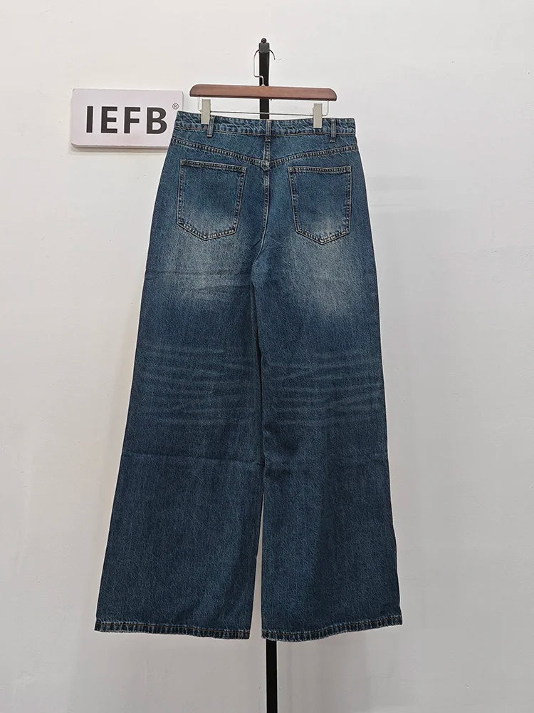 IEFB Summer Men's Denim Pants Old Blue Washed Male Jeans Straight Casual Menwear Loose Wide Leg Trousers New Fashion 9C354