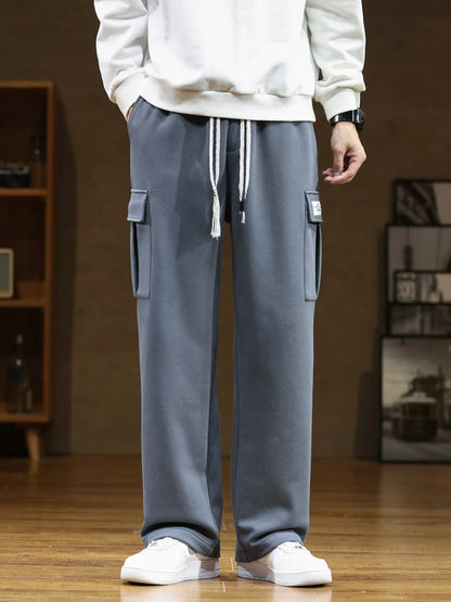 Spring Autumn Multi-Pockets Sweatpants Men Drawstring Waist Sportswear Casual Track Pants Plus Size Loose Straight Trousers 8XL