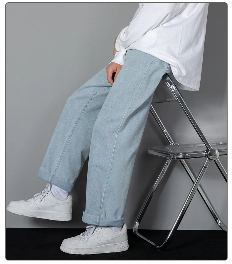 2025 New Korean Men's Casual Long Jeans Classic Man Straight Denim Wide-leg Pants Solid Color Light Blue Grey Black 3XL