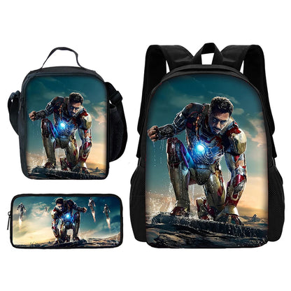 Cartoon Man M-Marvels Iron 3 pcs set Child School Backpack with Lunch Bags ,Pencil Bags School Bags for Boys Girls Best Gift