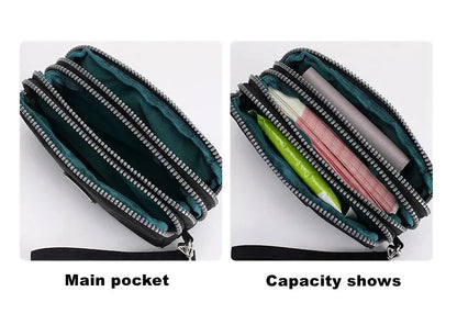 Solid Color Coin Purse Women Handbag Small Wallet Wrinkle Fabric Phone Purse Three Zippers Portable Make Up Bag