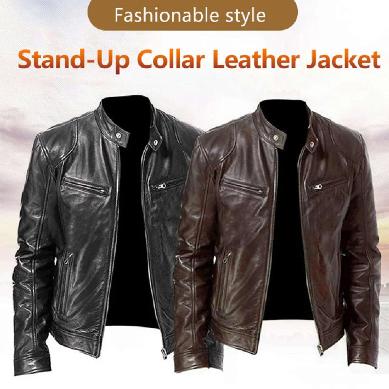 Men's PU Leather Jacket Stand Collar Zipper Coat   Jackets Autumn Casual Motorcycle PU Jacket Biker Slim Leather Coats