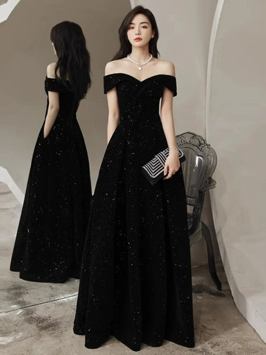 2024 New Arrival Starry Sky Velvet off-Shoulder Black Host Evening Dress Dress Banquet Temperament Winter Long