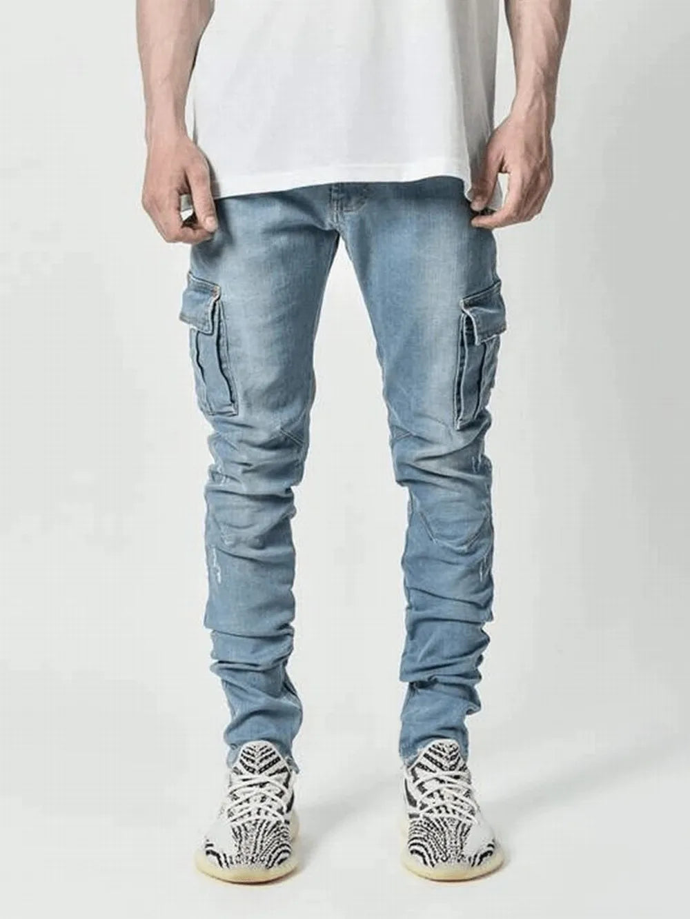 Street Elastic Jeans Men Denim Cargo Pants Wash Solid Color Multi Pockets Casual Mid Waist Trousers Slim Fit Daily Wear Joggers