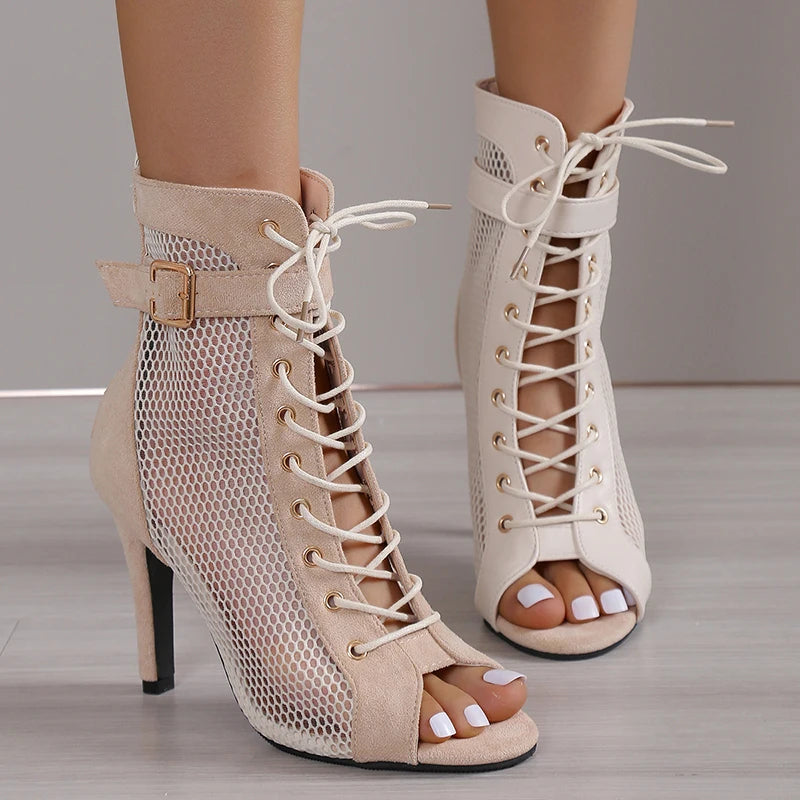 New Women Fashion Show Net Fabric Cross Strap Sexy High Heel Sandals Woman Shoes Pumps Lace-up Peep Toe Sandals Casual Mesh