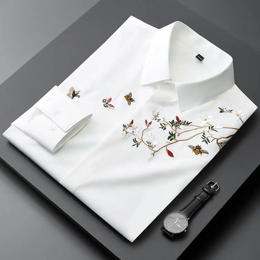 2023 New Spring and Autumn Premium Chinoiserie Embroidery Polo Long Sleeve Slim Fashion Casual Business Men's Versatile Shirt