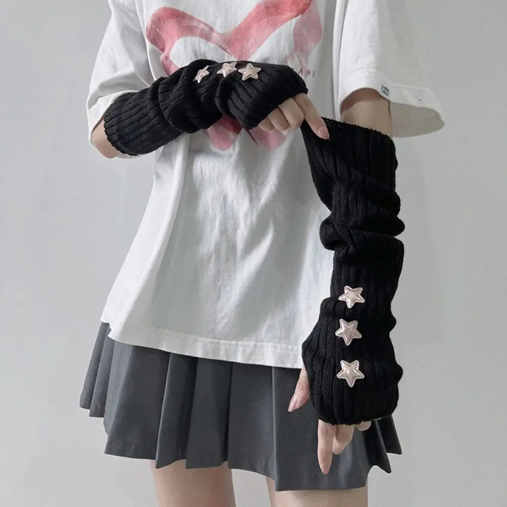 Fingerless Long Wrist Gloves Arm Warmers False Sleeves Knitted Gloves Finger Sleeves Cover Black White Half Finger Gloves