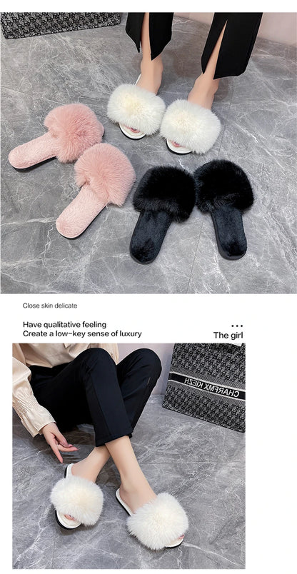 New Woman Slippers Winter Simple Word Fur Flats Soft Home Women Slippers Faux Fur Warm Bedroom Leisure Female Shoes