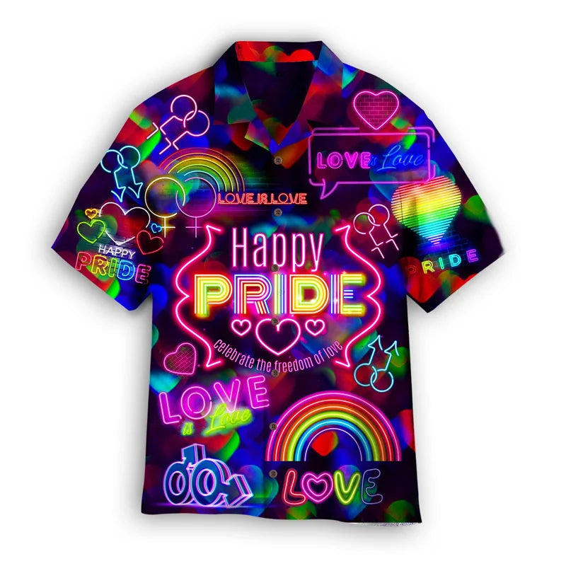 LGBT Gay Pride Hawaiian Shirt For Men Women Summer Street 3d Printed Shirts Love Is Love Lapel Short Sleeves Y2k Button Blouse