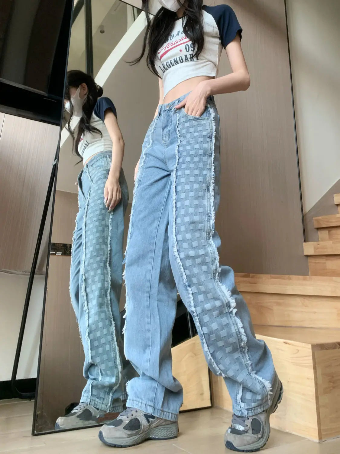 Fashion Plaid Splicing Straight Leg Jeans for Women Versatile New Korean Version High Waisted Loose Pants for Trendy Women