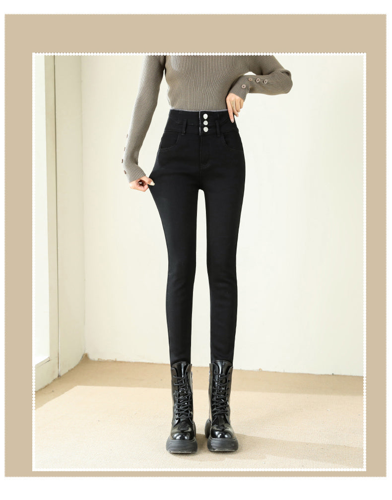 Women's Warm Fleece Skinny Jeans Winter New Thick Velvet Leggings Elastic High Waist Multiple Buttons Fashion Slim Pencil Pants