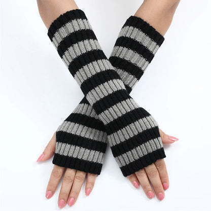 Women's Knitted Fingerless Arm Sleeves Gothic Style Striped Winter Long Arm Warmers Girls Harajuku Y2K Fashion Wrist Gloves