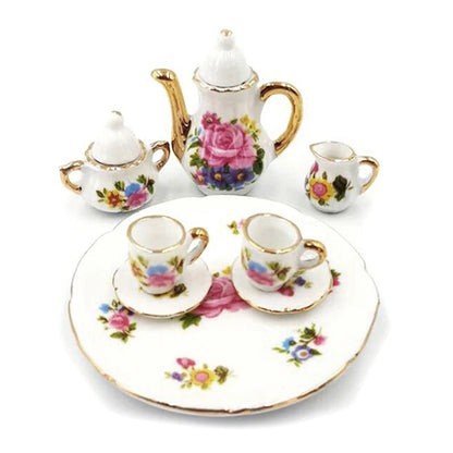 8Pcs 1:12 Dollhouse Miniature Dining Ware Porcelain Tea Set Dish Cup Plate