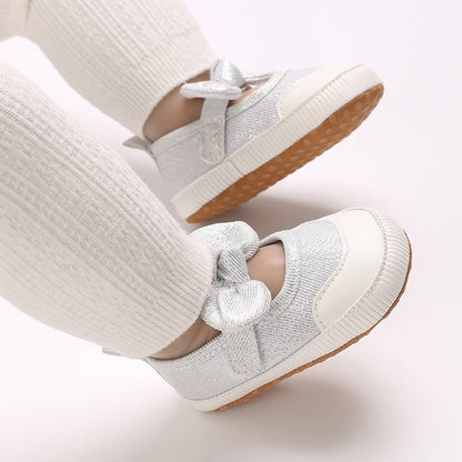 Silver Princess Shoes 0-18M Newborn Casual Shoes Baby Bow Non slip Cloth Bottom Flat Bottom PU Newborn Bow Decoration Mary Janes