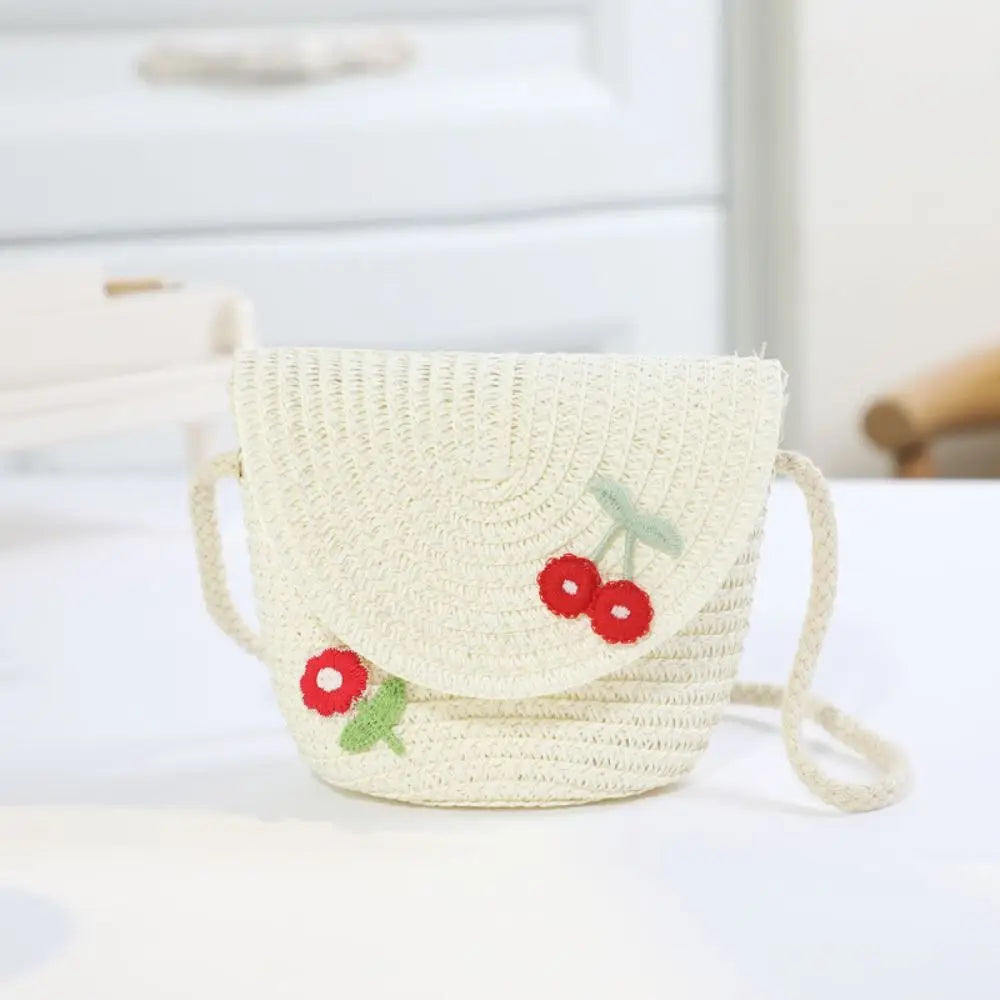 Cute Children's Woven Straw Bag Handmade Bucket Flower Shoulder Bag Woven Crossbody Bag Girls Key Coin Purse Bag