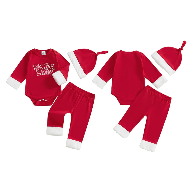 My First Christmas Baby Boy Outfit Long Sleeve Santa Baby Romper Red Long Pants Xmas Hat 3Pcs Christmas Outfit