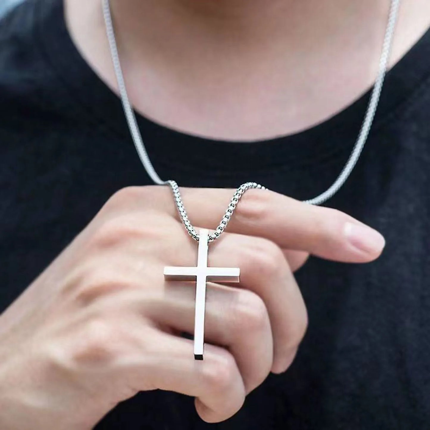 Vnox Cross Necklace for Men Women, Silver Color Plain Cross Pendant Collar with Stainless Steel Box Chain