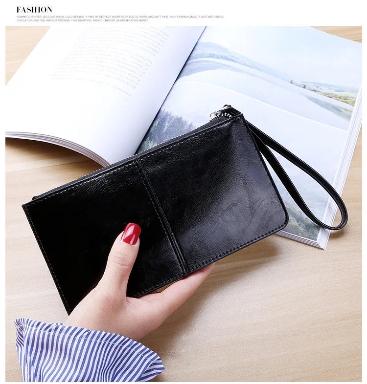 Women's Vintage Oil Wax Leather Zipper Clutch Wallet Female Large Capacity Coin Purse Ladies Wristband Simple Card Holder Wallet