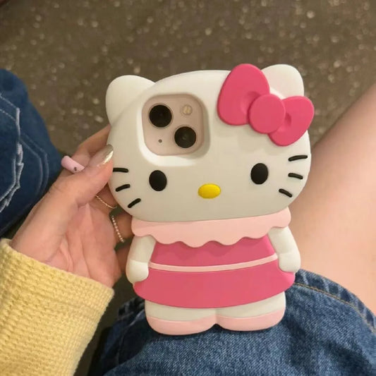 Sanrio Hello Kitty Cartoon 3D Bow Skirt Phone Case For iPhone 15 14 13 Pro Max 11 12 13 Pro Pink Girl Y2K Anti Fall Silicone