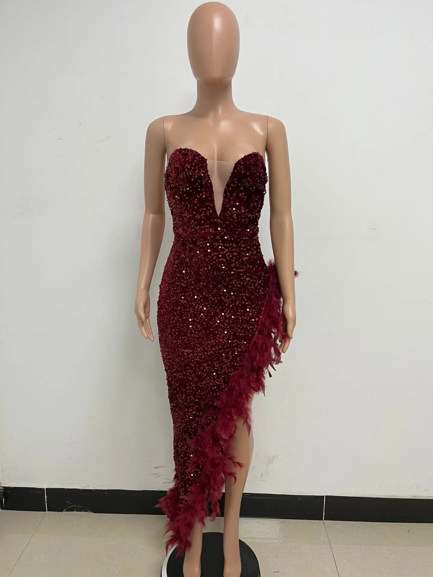 Women Evening Dresses Asymmetrical Shiny Sequins Feather Cocktail Party Dress Sexy Strapless Long Formal Prom Dresses Xiny189