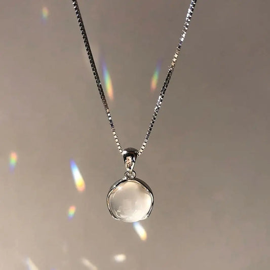 Korean Fashion Vintage Crystal Round Pendant Silver Color Chain Neck Necklace For Women Wedding Aesthetic Puck Jewelry