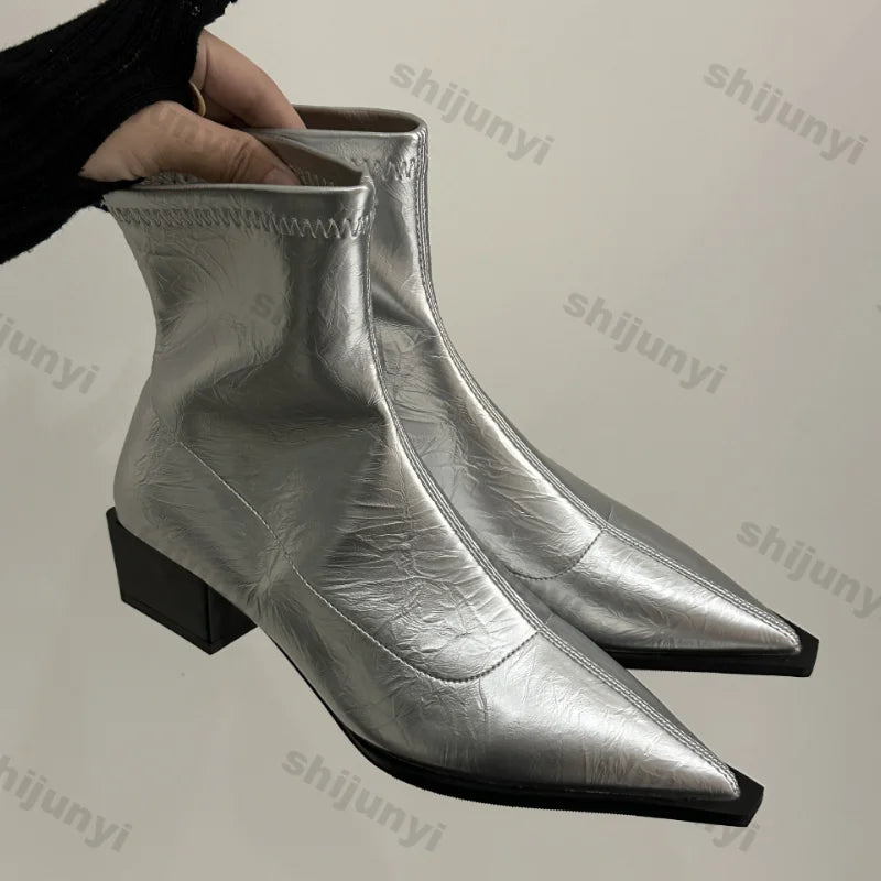 Women Pointed Ankle Boots Mid Heels Pointed Leather Sexy Chelsea Boots Trend Design Winter New Pumps Designer Short Botas Mujer