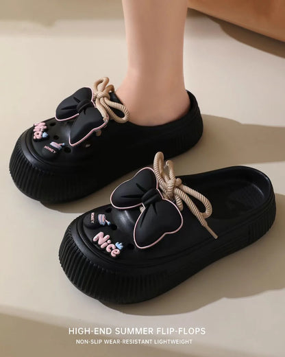 Summer Women's Hole Shoes Cute Bow Thick Sole Anti Slip Resistant Women's Baotou Slippers for Home Outdoor Garden Shoes