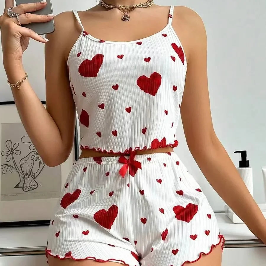 Hot Selling Womens Pajamas Set Sleepwear 2PCS Short Tank Tops And Shorts White Ventilate Soft Casual Red Love Printing Sleepwear