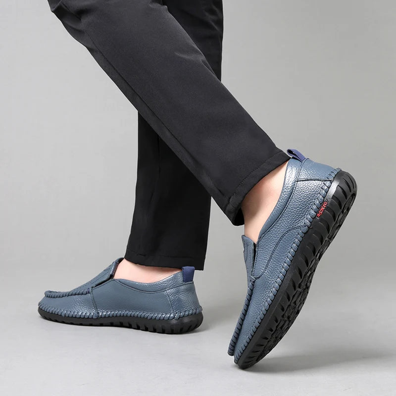 Breathable Genuine Leather Men Shoes Summer Slip On Loafers Men Casual Leather Shoes Blue Flats Hot Sale Driving Shoes Moccasins