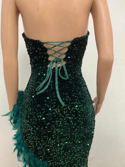 Women Evening Dresses Asymmetrical Shiny Sequins Feather Cocktail Party Dress Sexy Strapless Long Formal Prom Dresses Xiny189