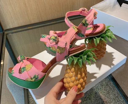 Summer Pink Pineapple Print Open-toe Platform Sandals Sweet Women High-heel Buckle Strappy Women Shoes Lovely Sandalias Mujer