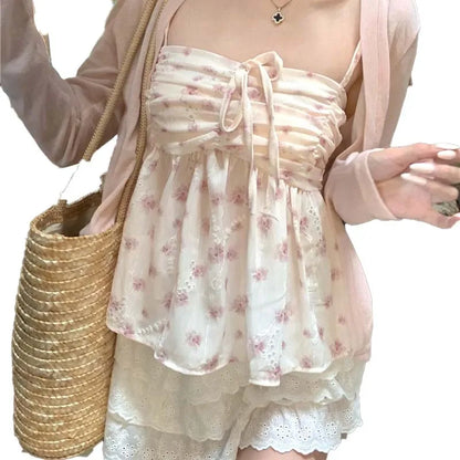 Women's Lace Floral Vest 2024 Summer Top Pink frenum Pleated Design Spice Girl Pure desire Floral Suspenders Summer Inside Vest