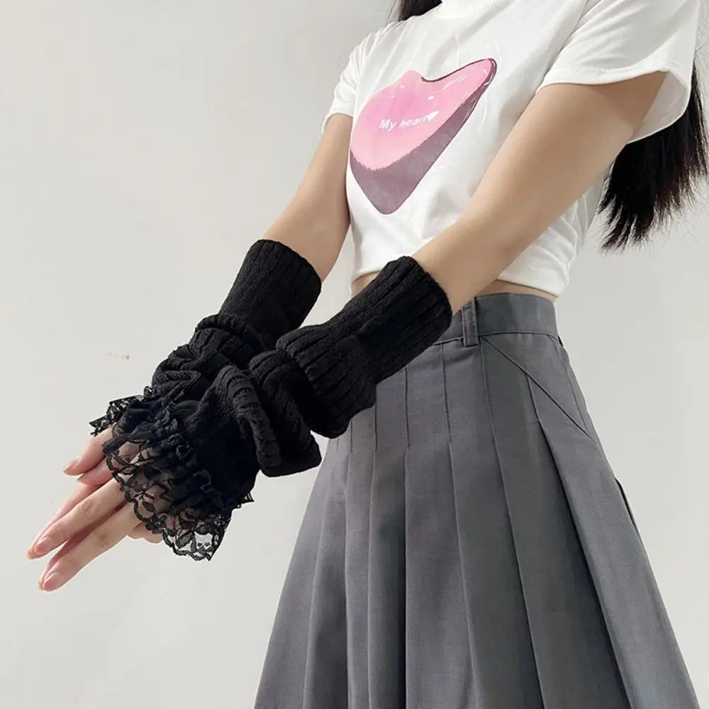 Fingerless Long Wrist Gloves Arm Warmers False Sleeves Knitted Gloves Finger Sleeves Cover Black White Half Finger Gloves