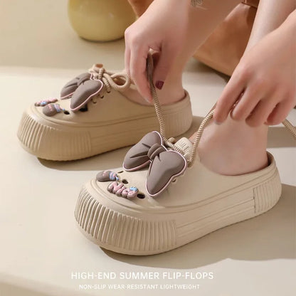 Summer Women's Hole Shoes Cute Bow Thick Sole Anti Slip Resistant Women's Baotou Slippers for Home Outdoor Garden Shoes