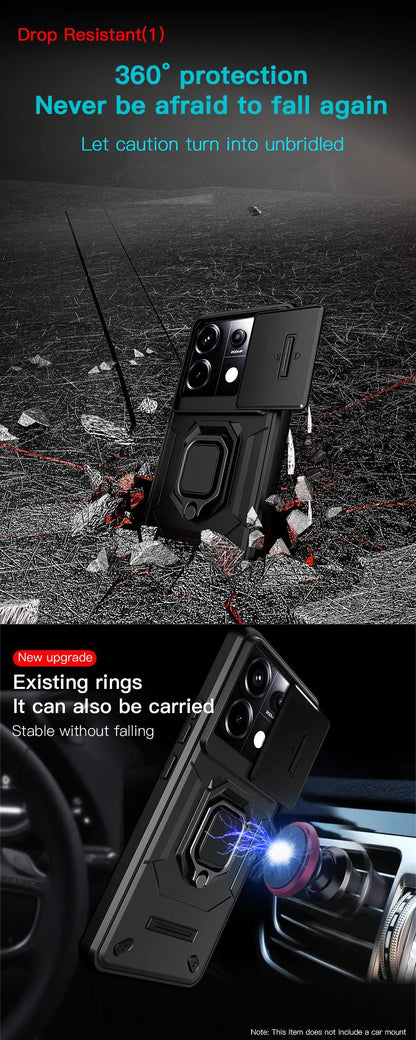 KEYSION Shockproof Case for Redmi Note 13 Pro 5G Slide Camera Lens Protection Ring Stand Phone Cover for Xiaomi Redmi Note 13 5G