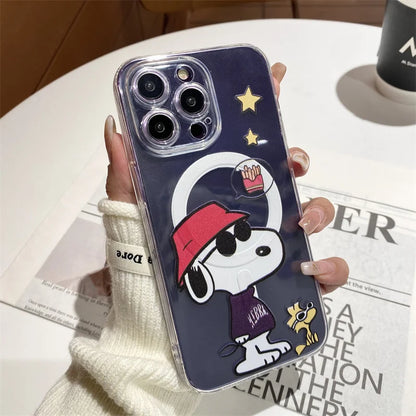 Cartoon Snoopy Puppy Cartoon Case Wireless Charging For iPhone 15 14 13 12 11 Pro Max for Magnetic Magsafe Holder Clear Cover