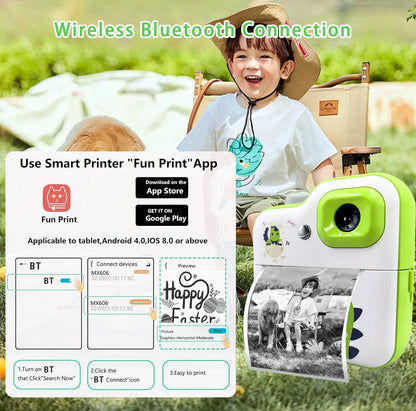 Cartoon Dinosaur Camera Toy Children Digital Camera Instant Thermal Print Camera Photo Printing Camera Video Toy+32G Memory Card