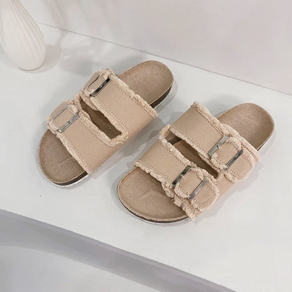 Women's Slippers Flat Bottom Slipper 2023 Summer New Line Slippers Large 43 Denim Leather Buckle Outside Sandals Sandalias