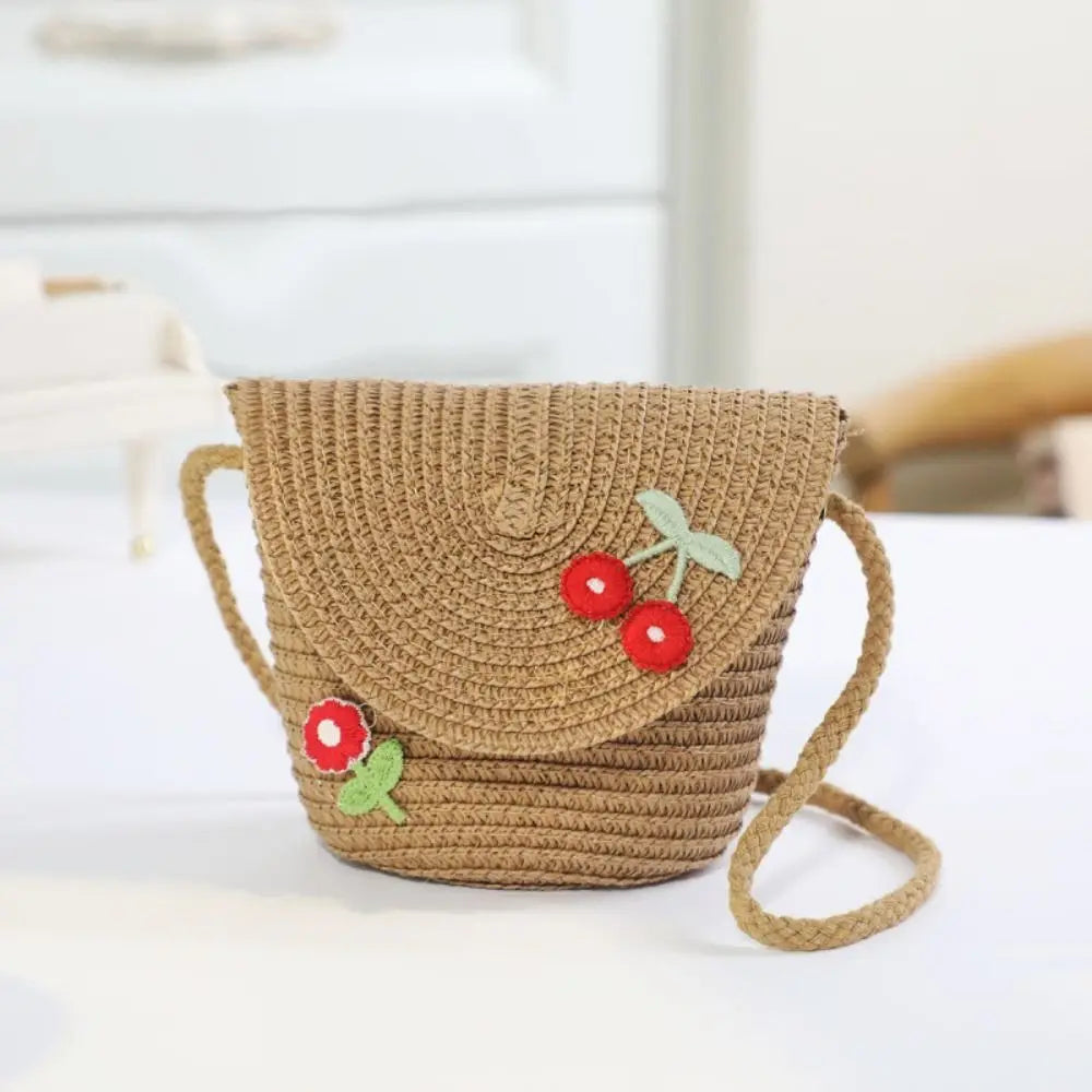 Cute Children's Woven Straw Bag Handmade Bucket Flower Shoulder Bag Woven Crossbody Bag Girls Key Coin Purse Bag