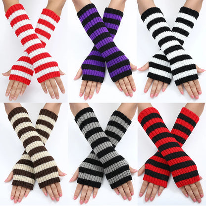 Women's Knitted Fingerless Arm Sleeves Gothic Style Striped Winter Long Arm Warmers Girls Harajuku Y2K Fashion Wrist Gloves