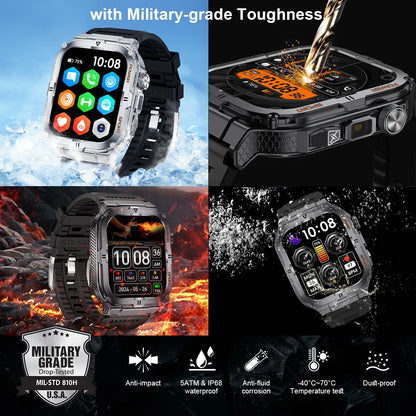 2024 men smartwatch, Bluetooth call tracker, military sports waterproof watch, digital fitness tracker smartwatch LED flashlight