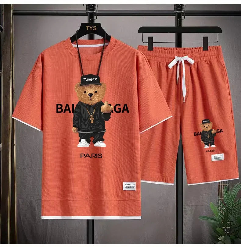 2024 Korean fashion Printed bear T-Shirts Shorts Men's Sets Luxury leisure 2 Piece Outfit Streetwear Summer Quality Tracksuit