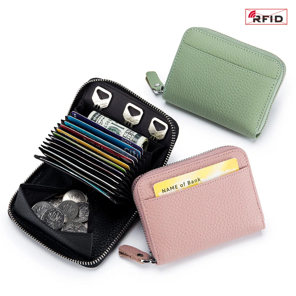 Genuine Leather Short Wallet RFID ID Bank Credit Organ Card Holder Cowhide Mini Coin Purse Bag Clutch Key Pouch For Men Women