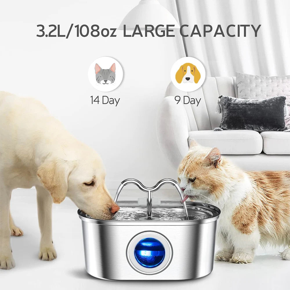 108oz/3.2L Cat Water Stainless Steel Pets Dispenser With LED Light Silent Pump Automatic Fountain For Cat Dog Drinking Bowl